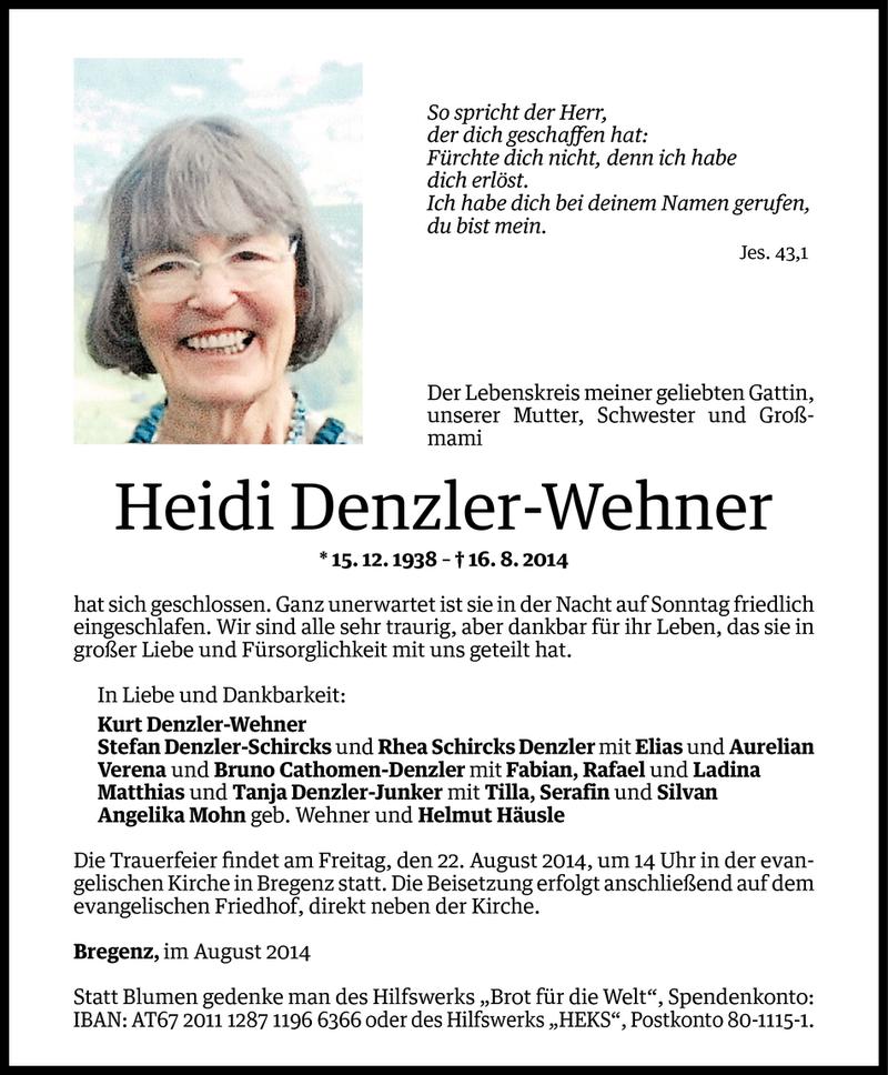  Todesanzeige für Heidi Denzler-Wehner vom 18.08.2014 aus Vorarlberger Nachrichten