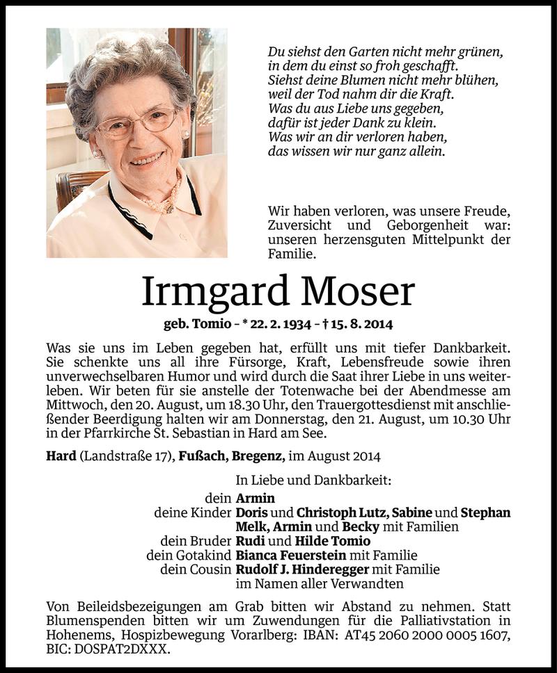  Todesanzeige für Irmgard Moser vom 18.08.2014 aus Vorarlberger Nachrichten