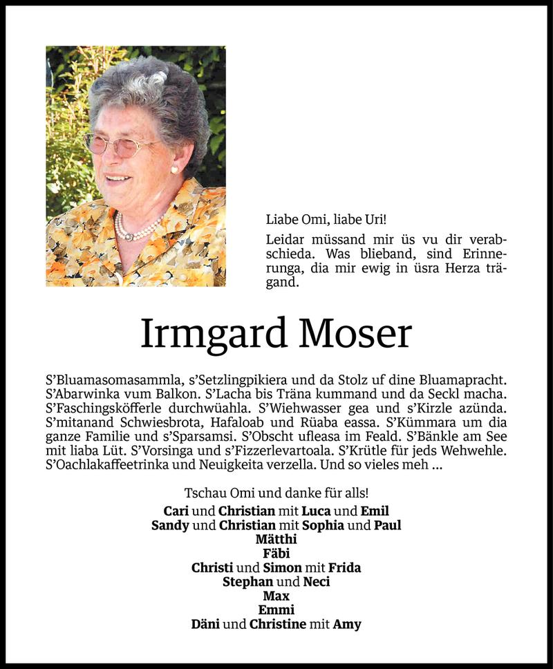  Todesanzeige für Irmgard Moser vom 18.08.2014 aus Vorarlberger Nachrichten