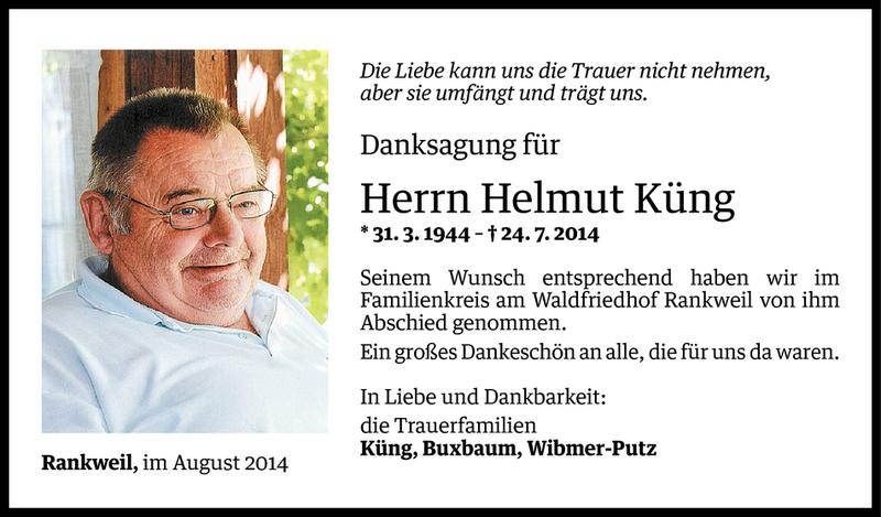  Todesanzeige für Helmut Küng vom 19.08.2014 aus Vorarlberger Nachrichten