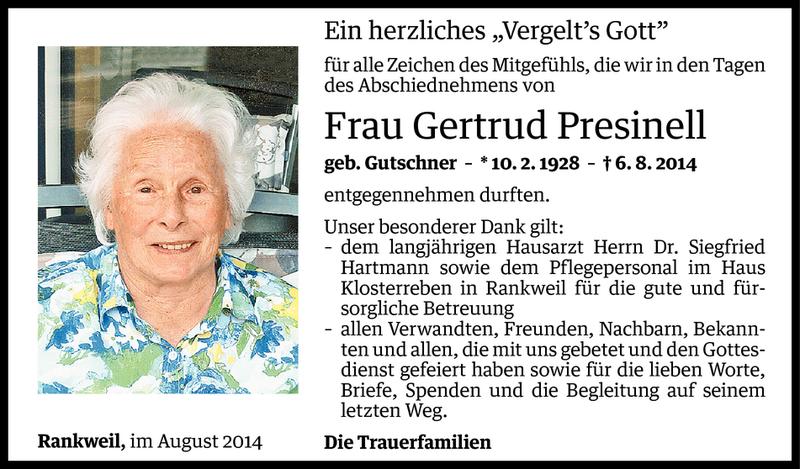  Todesanzeige für Gertrud Presinell vom 22.08.2014 aus Vorarlberger Nachrichten