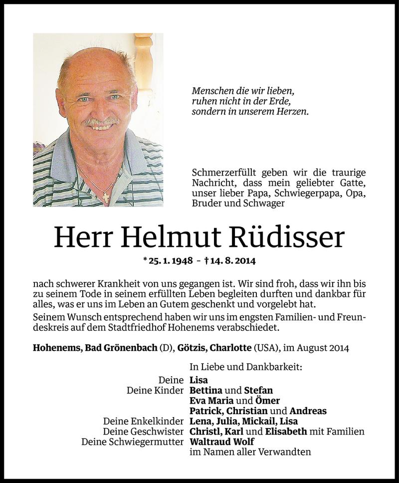  Todesanzeige für Helmut Rüdisser vom 21.08.2014 aus Vorarlberger Nachrichten