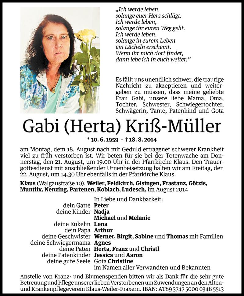  Todesanzeige für Gabi Kriß-Müller vom 20.08.2014 aus Vorarlberger Nachrichten