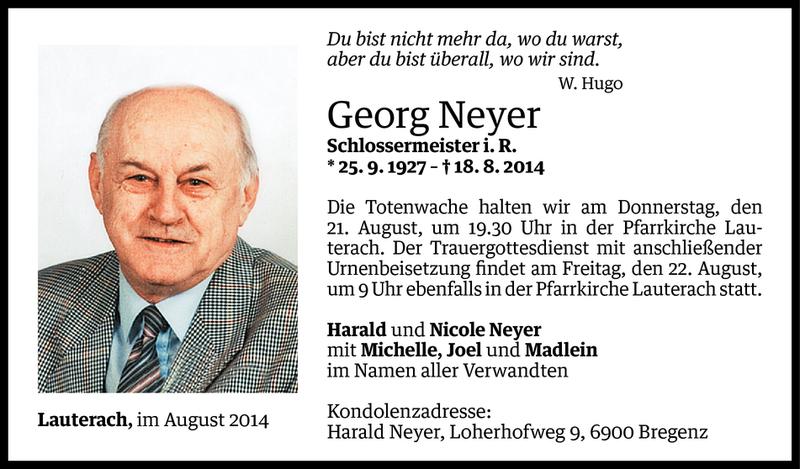  Todesanzeige für Georg Neyer vom 19.08.2014 aus Vorarlberger Nachrichten