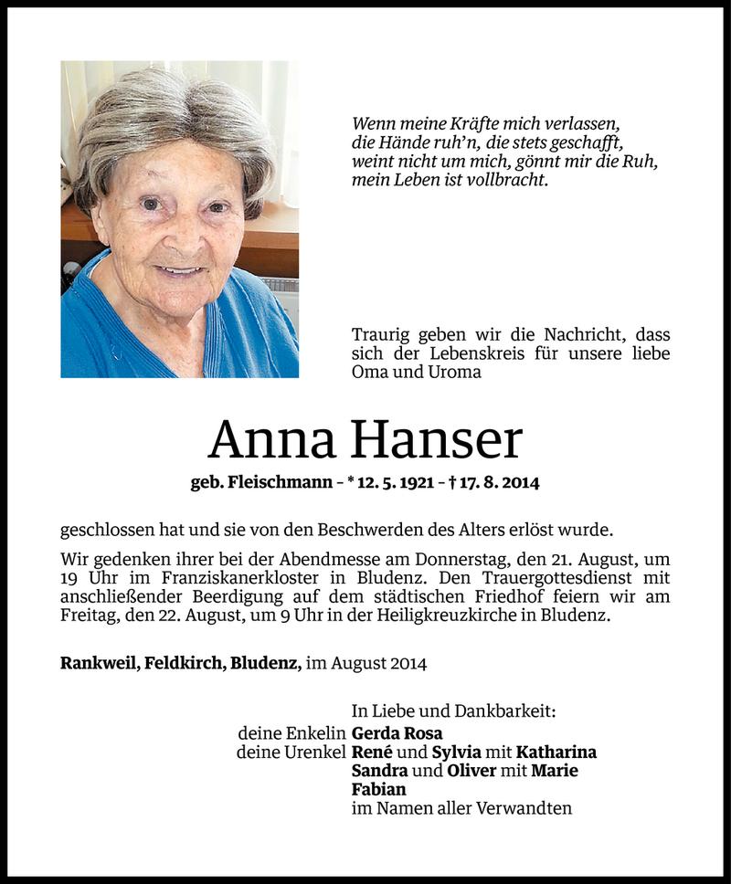  Todesanzeige für Anna Hanser vom 19.08.2014 aus Vorarlberger Nachrichten