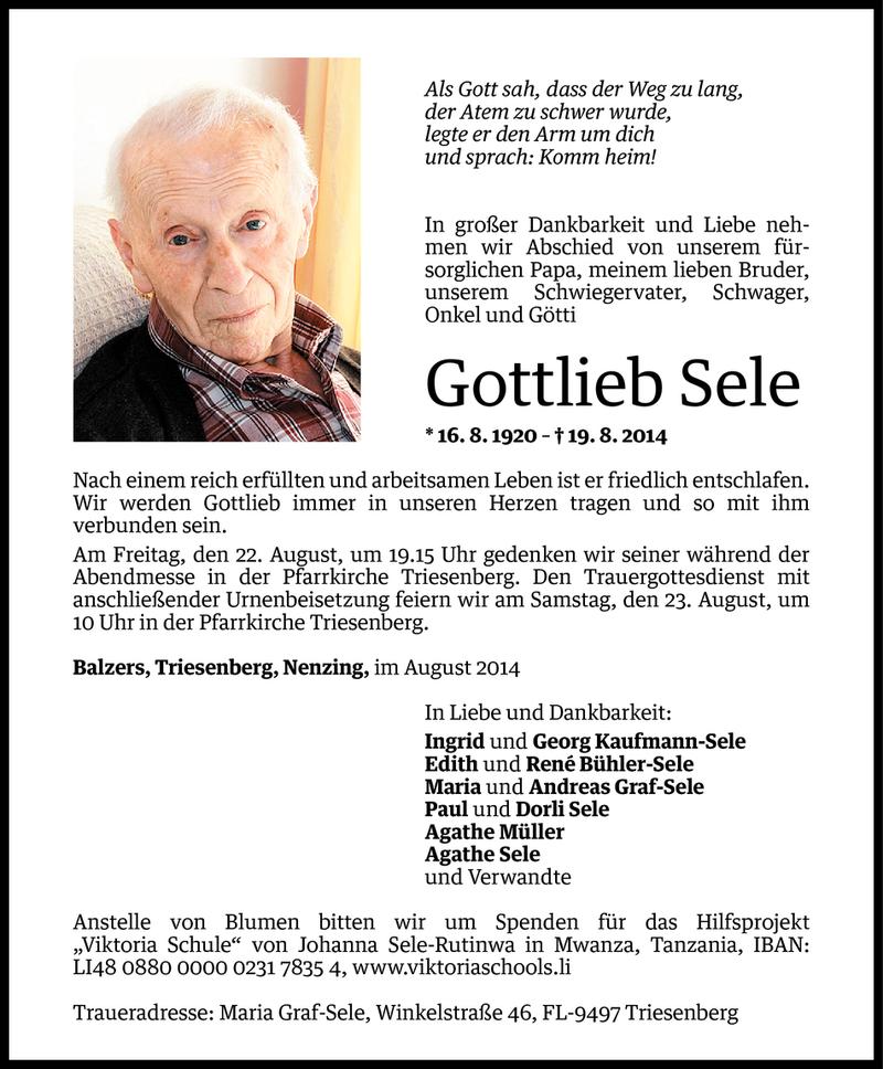  Todesanzeige für Gottlieb Sele vom 20.08.2014 aus Vorarlberger Nachrichten