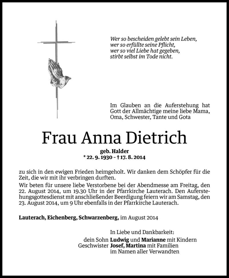  Todesanzeige für Anna Dietrich vom 20.08.2014 aus Vorarlberger Nachrichten