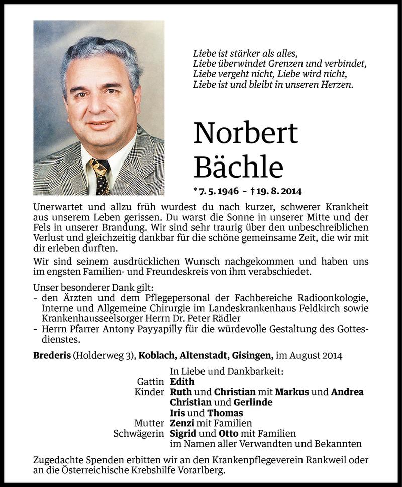  Todesanzeige für Norbert Bächle vom 25.08.2014 aus Vorarlberger Nachrichten