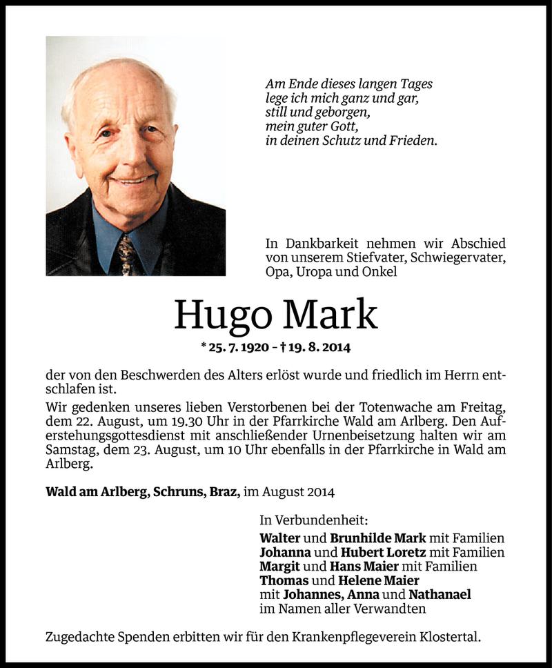  Todesanzeige für Hugo Mark vom 21.08.2014 aus Vorarlberger Nachrichten