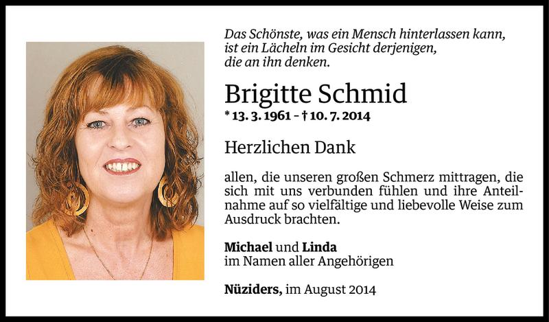  Todesanzeige für Brigitte Schmid vom 21.08.2014 aus Vorarlberger Nachrichten