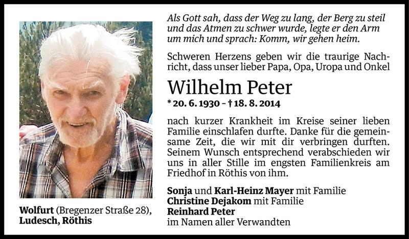  Todesanzeige für Wilhelm Peter vom 23.08.2014 aus Vorarlberger Nachrichten