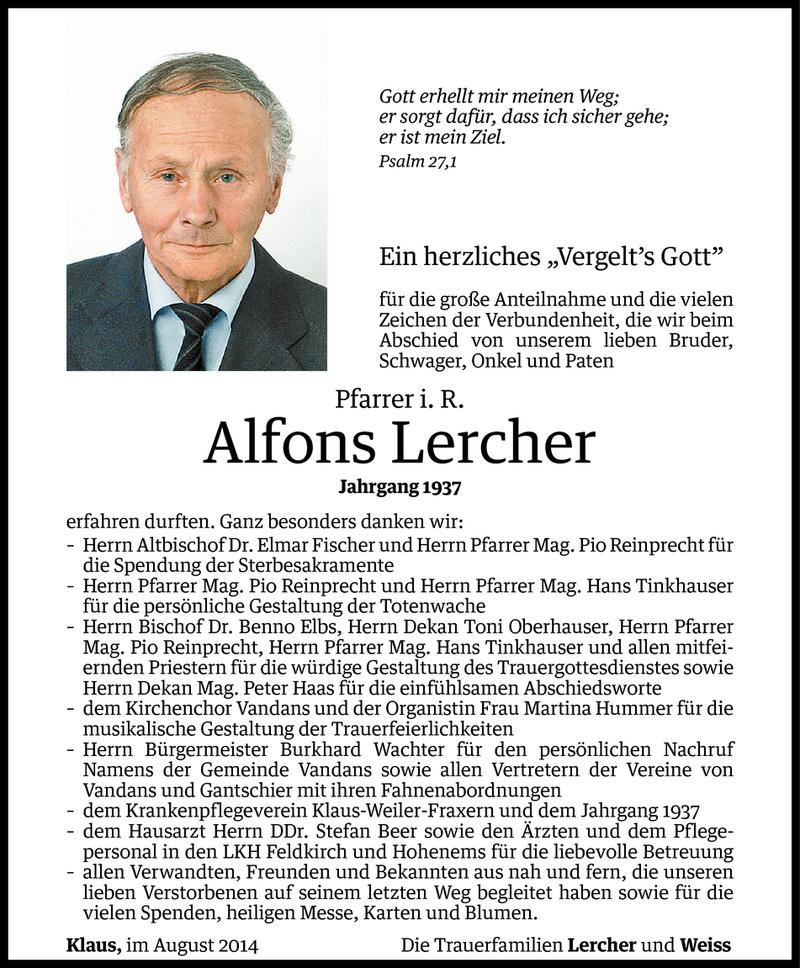  Todesanzeige für Alfons Lercher vom 23.08.2014 aus Vorarlberger Nachrichten