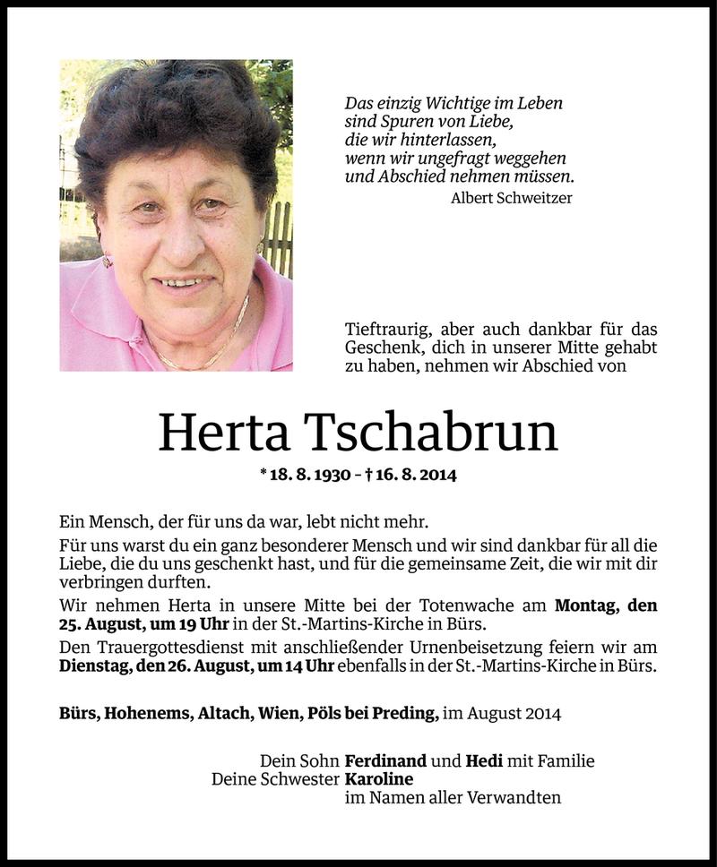  Todesanzeige für Herta Tschabrun vom 22.08.2014 aus Vorarlberger Nachrichten