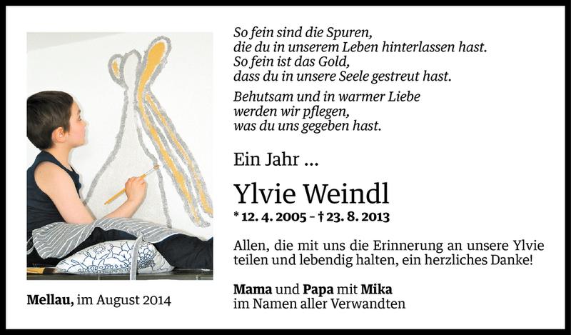  Todesanzeige für Ylvie Weindl vom 22.08.2014 aus Vorarlberger Nachrichten