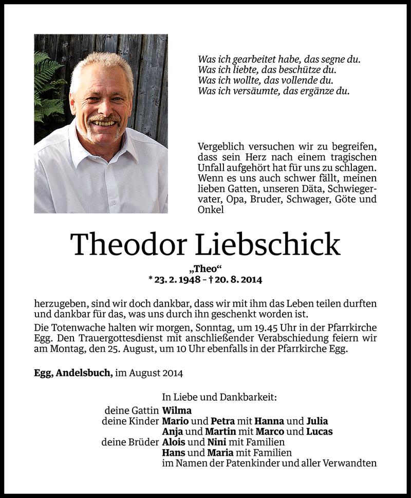  Todesanzeige für Theodor Liebschick vom 22.08.2014 aus Vorarlberger Nachrichten