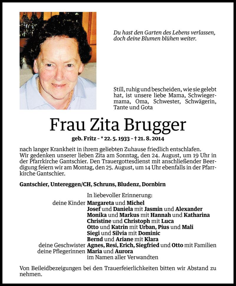  Todesanzeige für Zita Brugger vom 22.08.2014 aus Vorarlberger Nachrichten