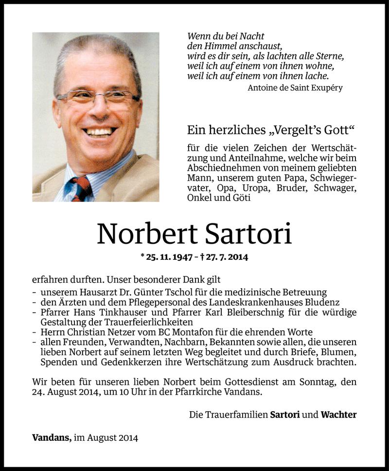  Todesanzeige für Norbert Sartori vom 22.08.2014 aus Vorarlberger Nachrichten