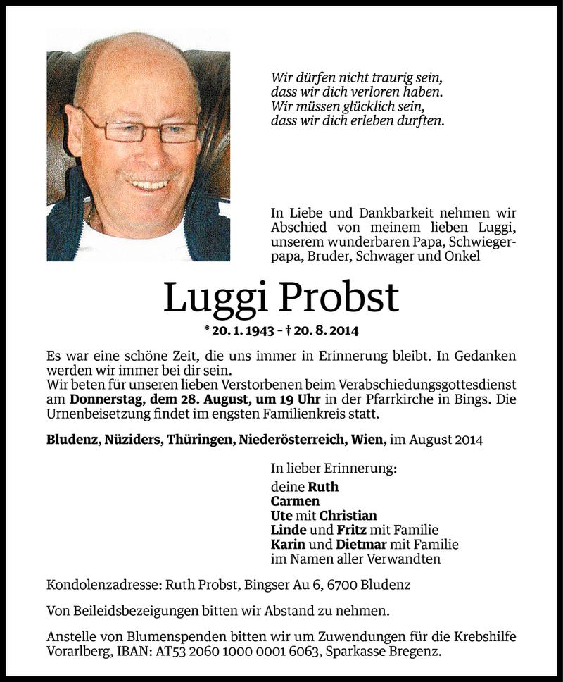  Todesanzeige für Luggi Probst vom 27.08.2014 aus Vorarlberger Nachrichten