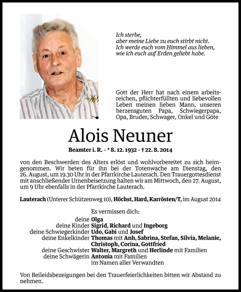  Todesanzeige für Alois Neuner vom 24.08.2014 aus Vorarlberger Nachrichten