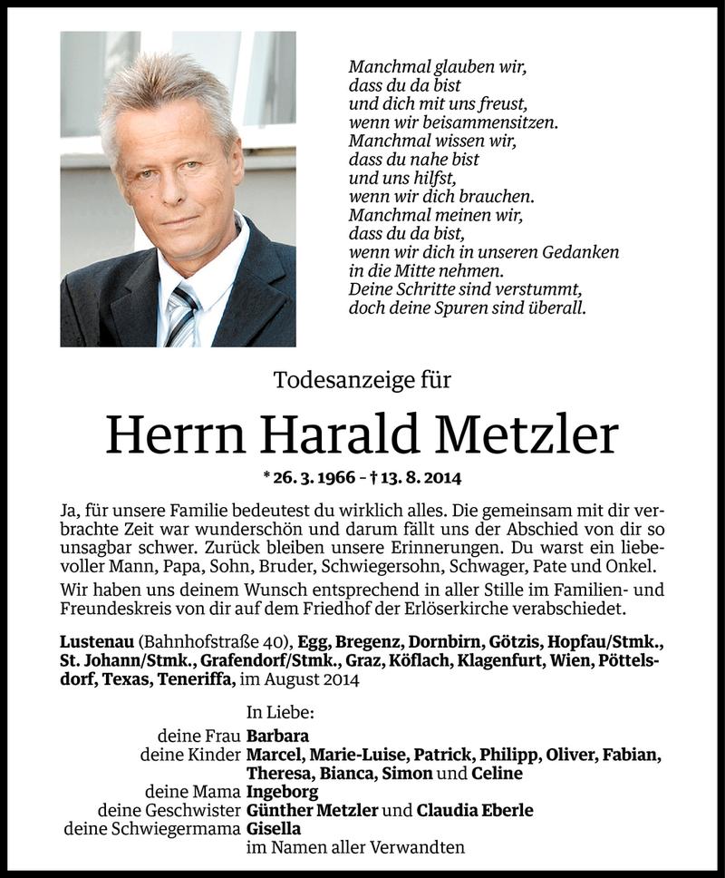  Todesanzeige für Harald Metzler vom 25.08.2014 aus Vorarlberger Nachrichten