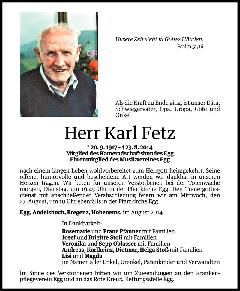  Todesanzeige für Karl Fetz vom 24.08.2014 aus Vorarlberger Nachrichten