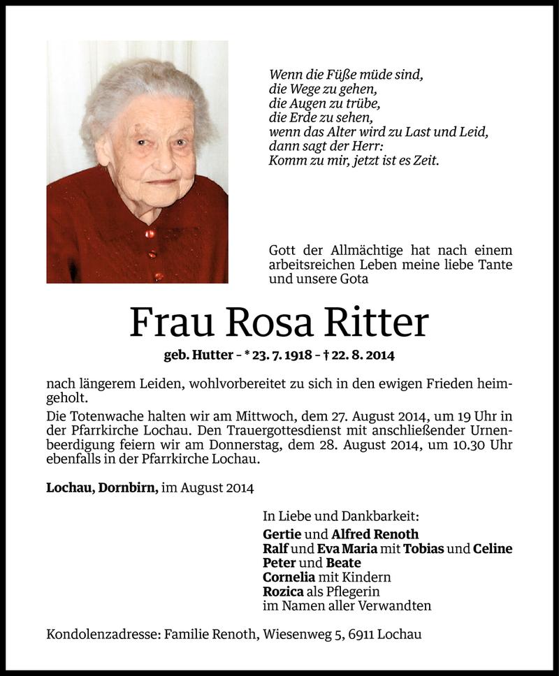  Todesanzeige für Rosa Ritter vom 24.08.2014 aus Vorarlberger Nachrichten