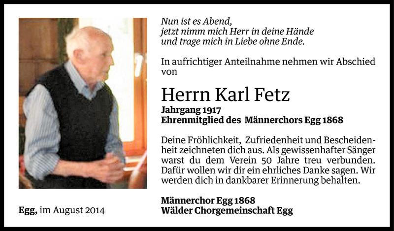  Todesanzeige für Karl Fetz vom 24.08.2014 aus Vorarlberger Nachrichten