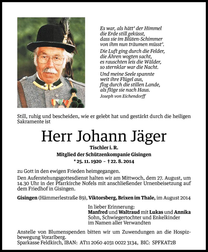  Todesanzeige für Johann Jäger vom 26.08.2014 aus Vorarlberger Nachrichten