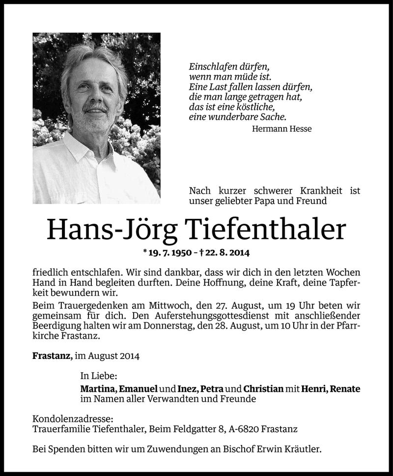  Todesanzeige für Hans-Jörg Tiefenthaler vom 25.08.2014 aus Vorarlberger Nachrichten