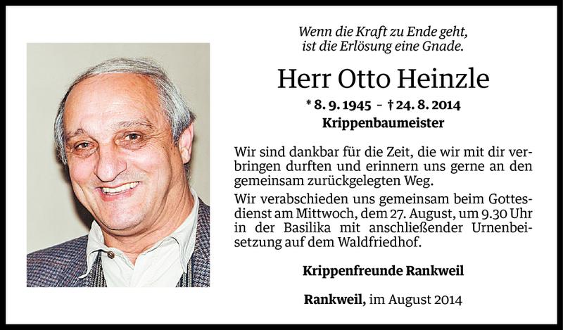  Todesanzeige für Otto Heinzle vom 26.08.2014 aus Vorarlberger Nachrichten