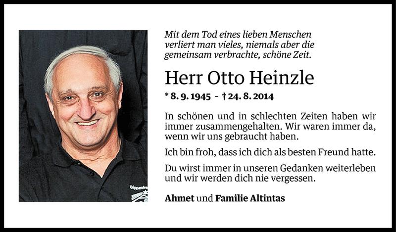  Todesanzeige für Otto Heinzle vom 26.08.2014 aus Vorarlberger Nachrichten