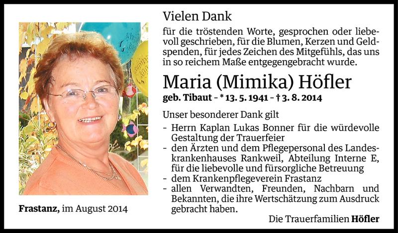  Todesanzeige für Maria Höfler vom 26.08.2014 aus Vorarlberger Nachrichten