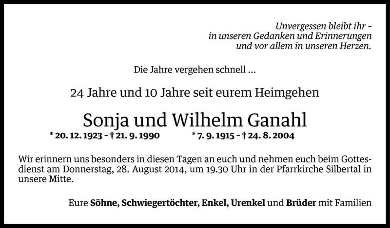  Todesanzeige für Sonja und Wilhelm Ganahl vom 26.08.2014 aus Vorarlberger Nachrichten