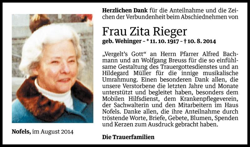  Todesanzeige für Zita Rieger vom 26.08.2014 aus Vorarlberger Nachrichten