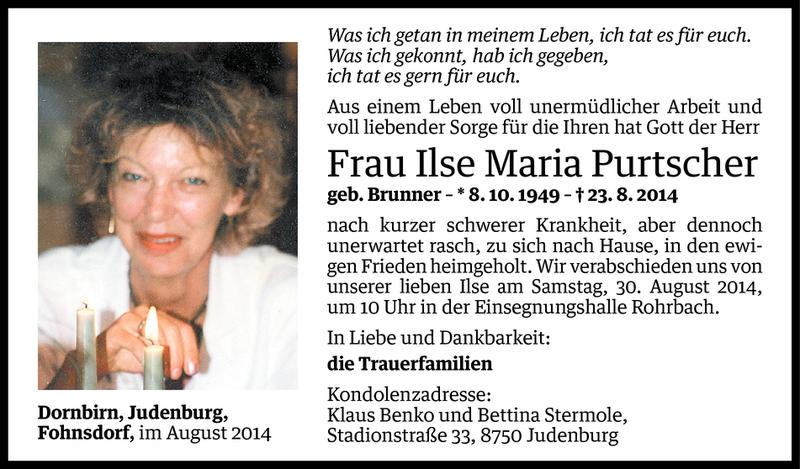  Todesanzeige für Ilse Maria Purtscher vom 26.08.2014 aus Vorarlberger Nachrichten