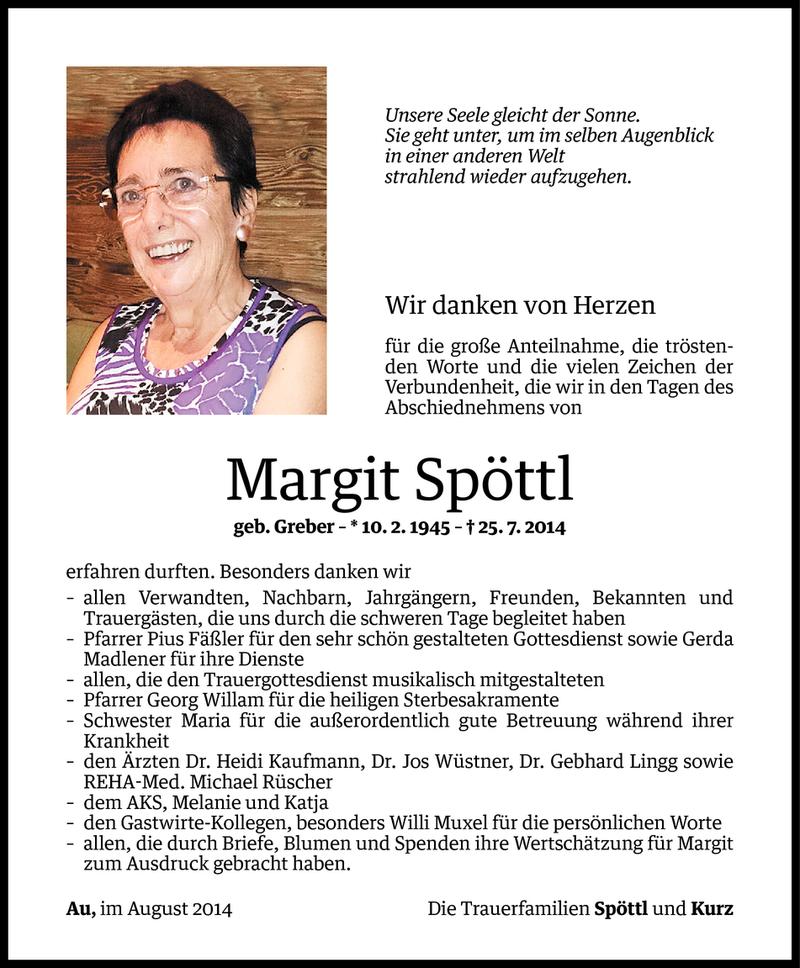  Todesanzeige für Margit Spöttl vom 26.08.2014 aus Vorarlberger Nachrichten