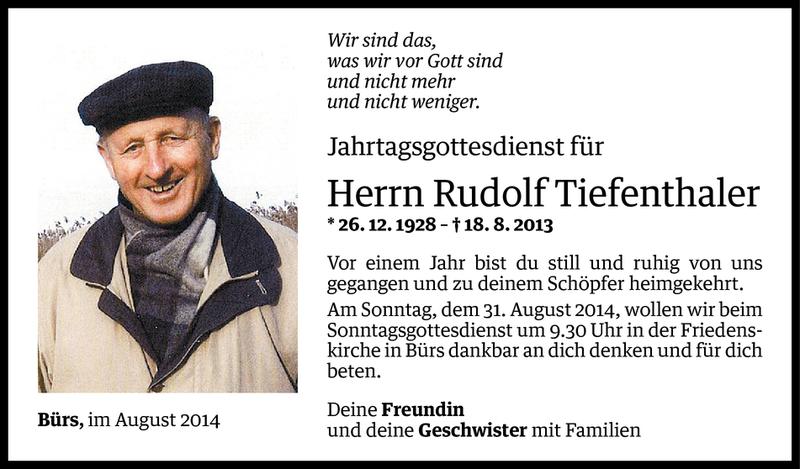  Todesanzeige für Rudolf Tiefenthaler vom 27.08.2014 aus Vorarlberger Nachrichten