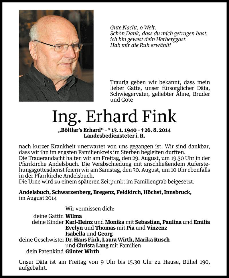  Todesanzeige für Erhard Fink vom 27.08.2014 aus Vorarlberger Nachrichten