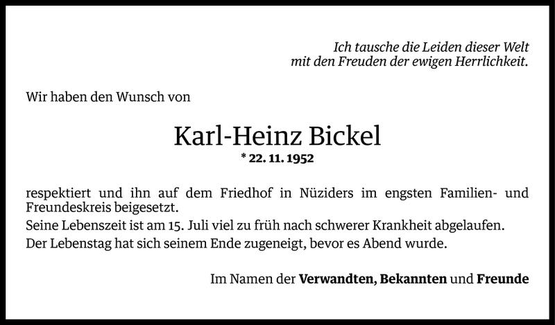  Todesanzeige für Karl-Heinz Bickel vom 29.08.2014 aus Vorarlberger Nachrichten
