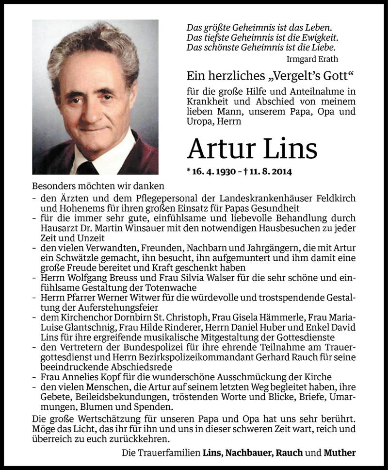  Todesanzeige für Artur Lins vom 29.08.2014 aus Vorarlberger Nachrichten