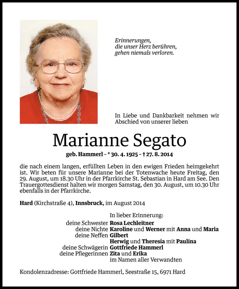  Todesanzeige für Marianne Segato vom 28.08.2014 aus Vorarlberger Nachrichten