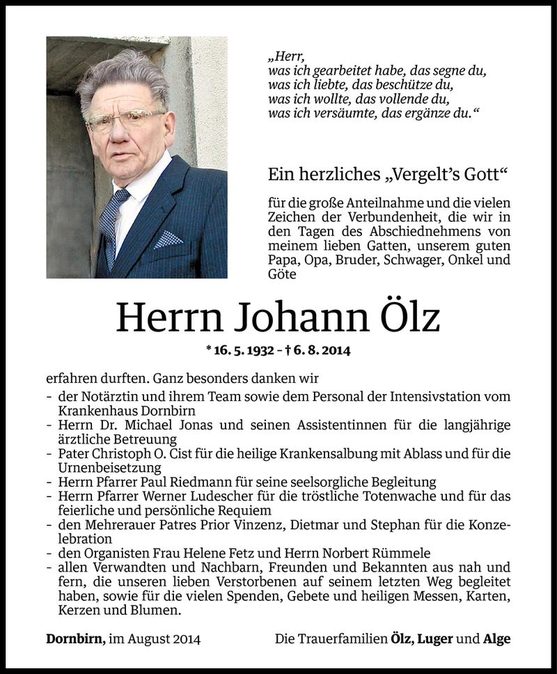  Todesanzeige für Johann Ölz vom 28.08.2014 aus Vorarlberger Nachrichten