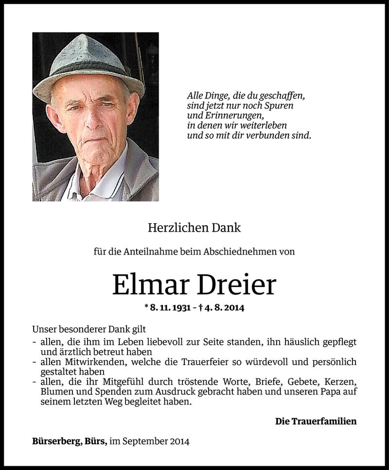 Todesanzeige für Elmar Dreier vom 05.09.2014 aus Vorarlberger Nachrichten