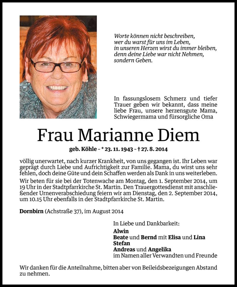  Todesanzeige für Marianne Diem vom 29.08.2014 aus Vorarlberger Nachrichten