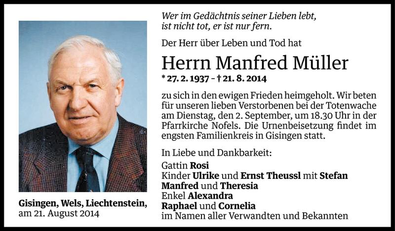  Todesanzeige für Manfred Müller vom 29.08.2014 aus Vorarlberger Nachrichten