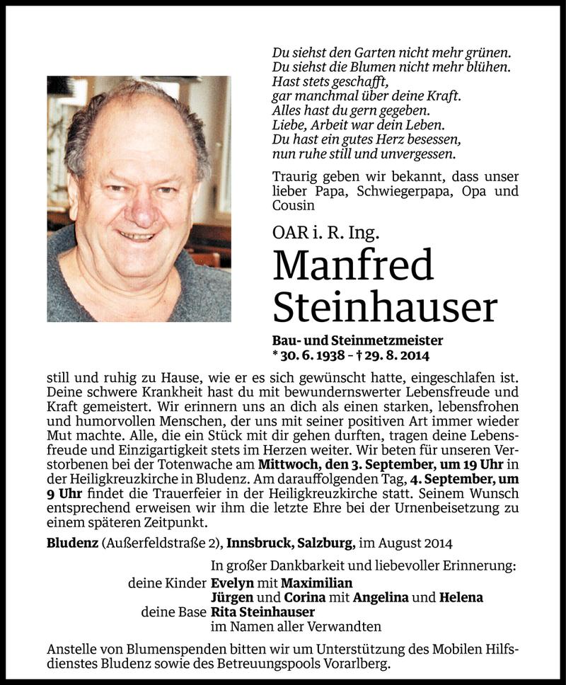  Todesanzeige für Manfred Steinhauser vom 01.09.2014 aus Vorarlberger Nachrichten