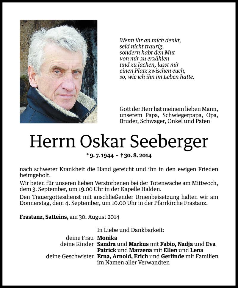  Todesanzeige für Oskar Seeberger vom 02.09.2014 aus Vorarlberger Nachrichten