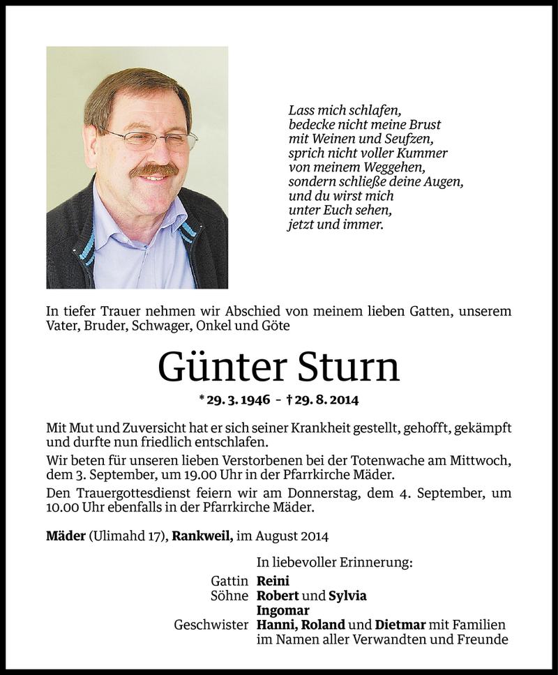  Todesanzeige für Günter Sturn vom 02.09.2014 aus Vorarlberger Nachrichten