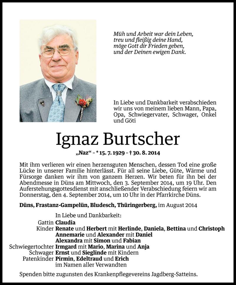  Todesanzeige für Ignaz Burtscher vom 01.09.2014 aus Vorarlberger Nachrichten
