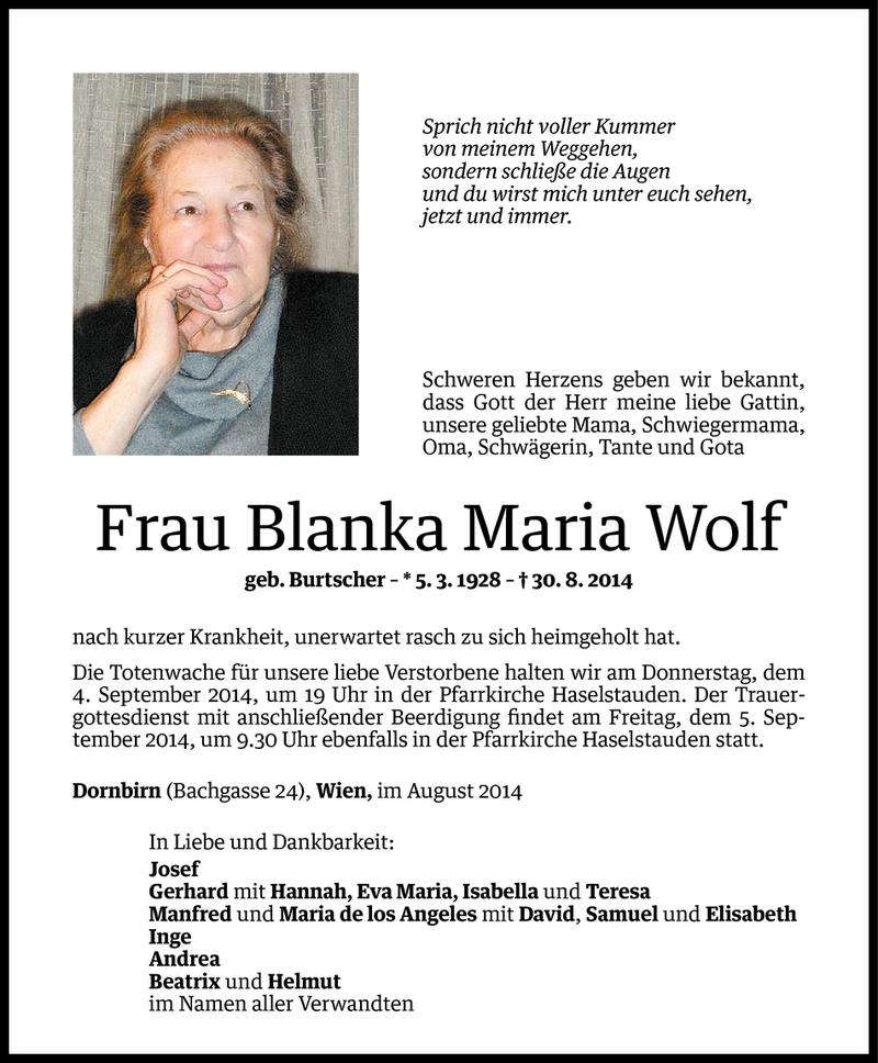  Todesanzeige für Blanka Maria Wolf vom 01.09.2014 aus Vorarlberger Nachrichten